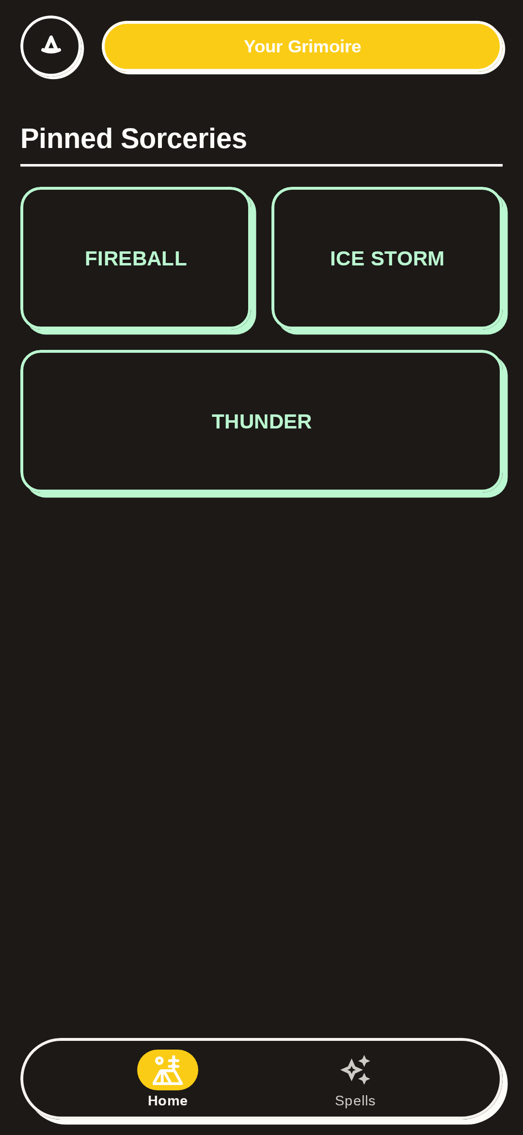 Grimoire home screen with pinned spells